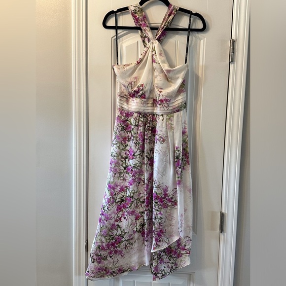 Bebe 100% Silk Purple Floral Criss Cross Halter Dress Size Medium - Picture 3 of 7